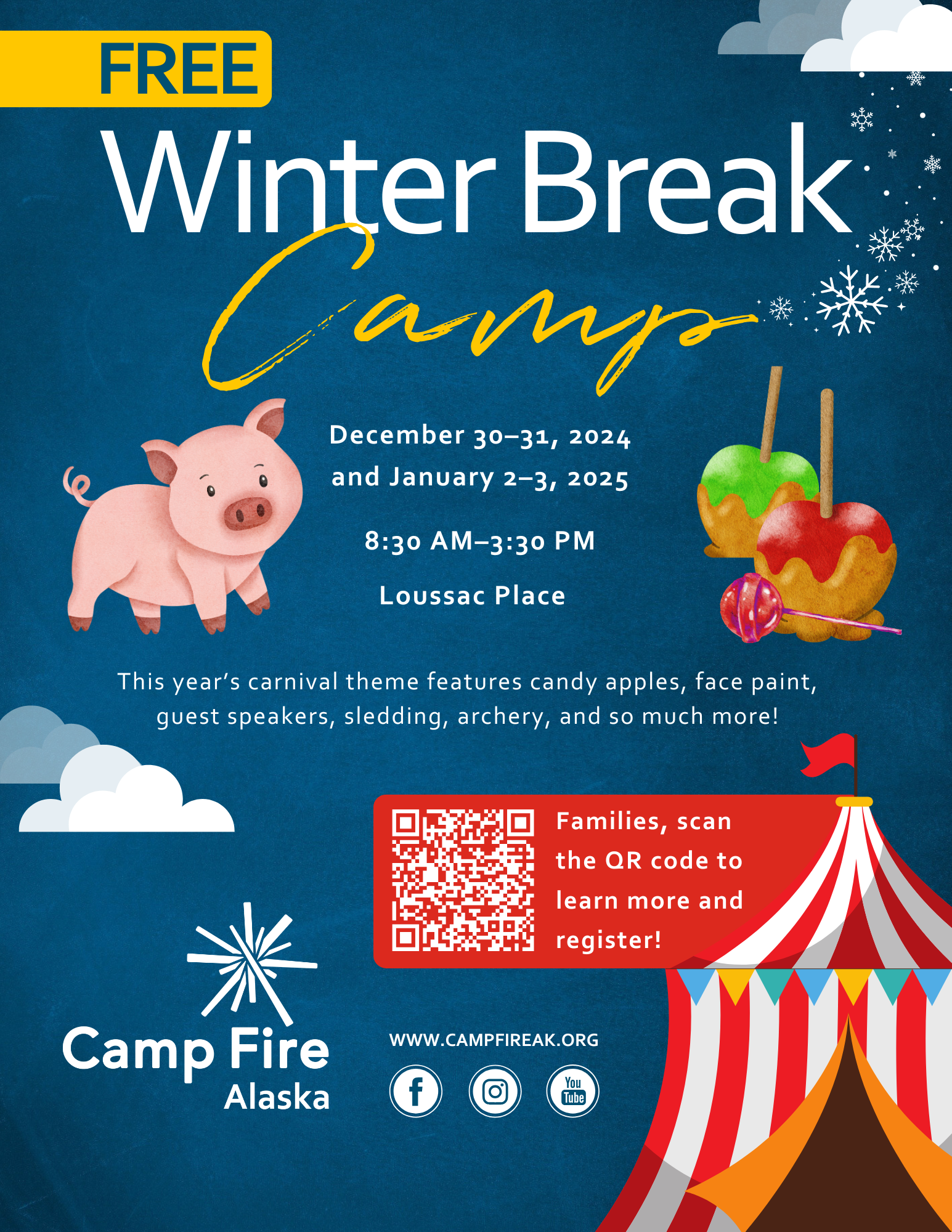 Camp Fire Alaska's Winter Break Camp 2024-25 flyers for Loussac Place