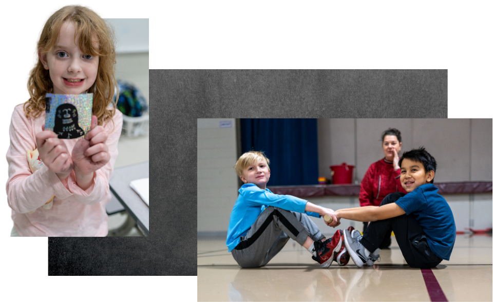 On the left: a young girl holds her rendition of a sea otter etched in sketch art paper in a traditional Alaska Native art style. On the right: Two boys play an NYO game.