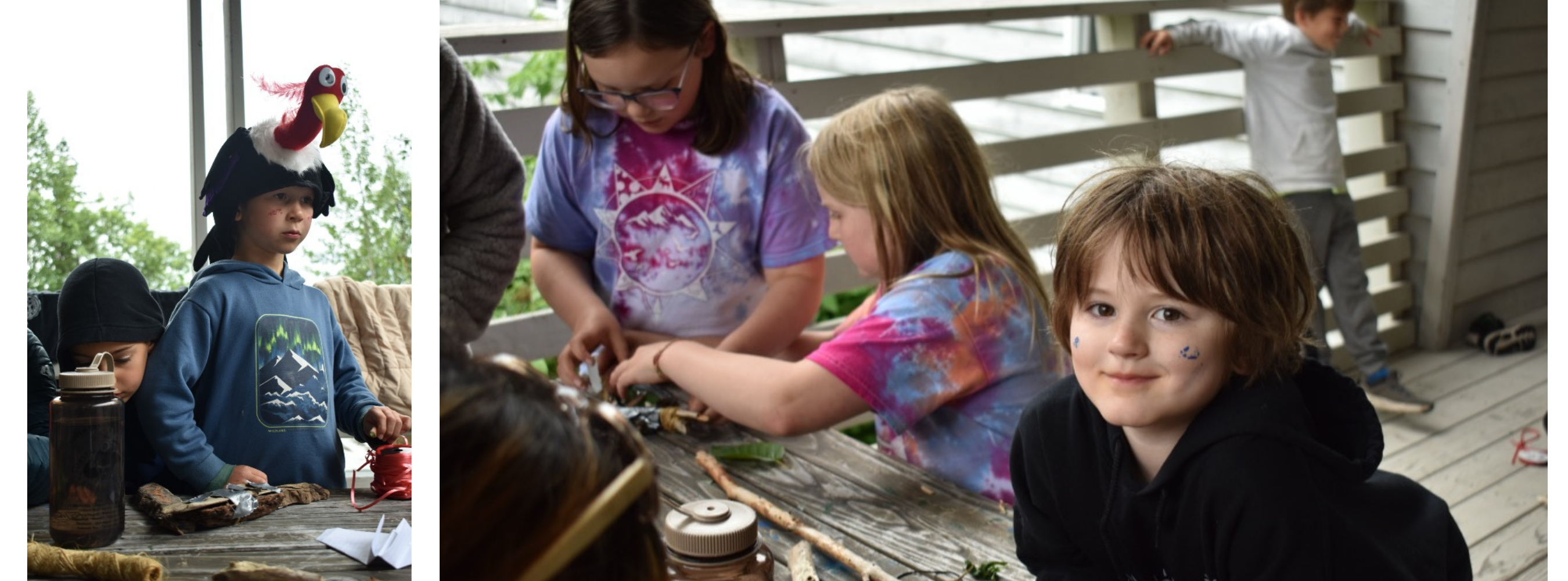 Storytelling blog collage | Sports Week at Camp K - a photo of youth wearing a vulture hat and a photo of a youth smiling as another group of youth work on arts and crafts.