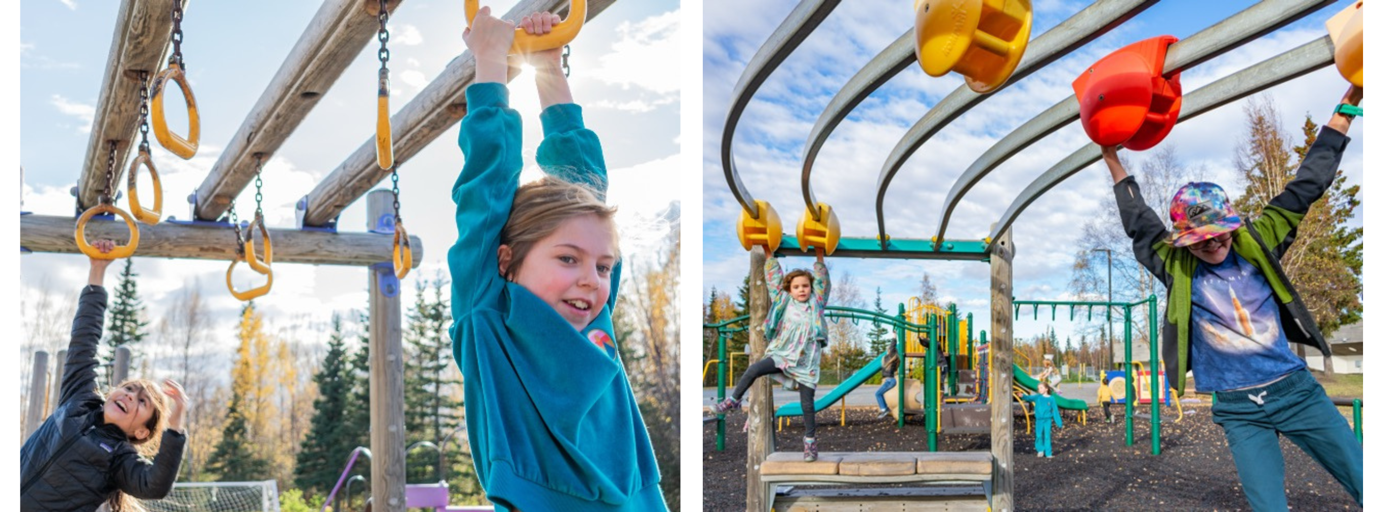 two photos of youth bonding over the monkey bars, smiling in accomplishment