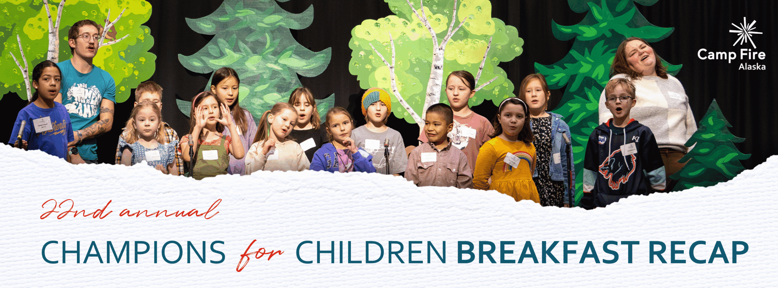 Graphic - Text reading Champions for Children 2025 over an image of kids singing at the event.