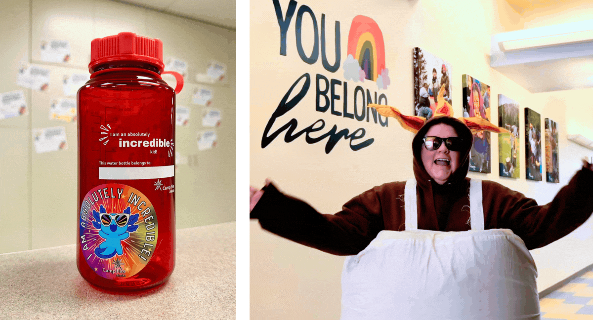 Split screen GIF, with the first image showing a red bottle with an axolotl sticker. The right side is moving image of the Camp Fire marshmallow waving.