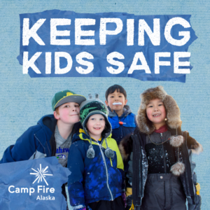 A cutout photo of a group of young boys on a blue paper background. Text reads: Keeping Kids Safe.